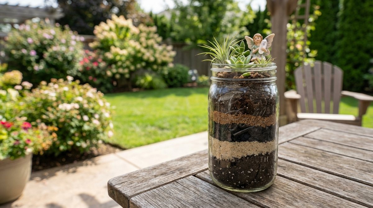A miniature garden in a wide-mouth mason jar featuring dramatic soil layering with colored sand, activated charcoal, and potting mix in distinct horizontal bands, visible through clear glass. Includes small air plants or succulents and a tiny decorative element like a fairy figurine or crystal, ideal for low-maintenance decor.