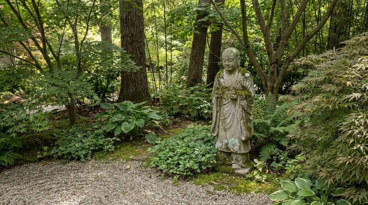 A humble monk statue in traditional robes adds authenticity and human scale to a zen garden. Displaying simpler craftsmanship than Buddha statues, it emphasizes mindfulness practice over divine presence. Typically placed in quiet corners surrounded by moss and shade plants, the modest scale encourages visitors to pause and look closely. Made from stone or ceramic materials that age gracefully, acquiring moss and lichen growth that enhances their contemplative character.