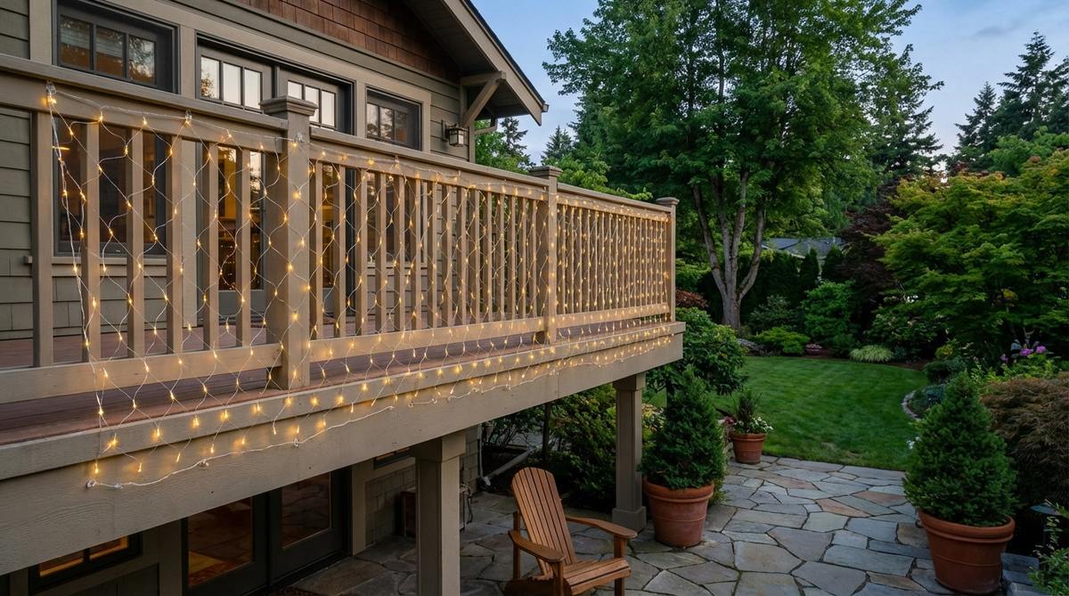 LED mesh net lights draped over a balcony railing, providing uniform holiday lighting coverage with easy installation using removable hooks. Perfect for renters seeking damage-free Christmas decor solutions.