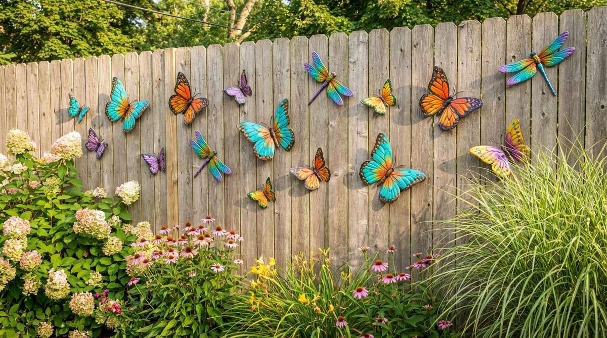 A vibrant metal butterfly and dragonfly collection for outdoor wall decor, featuring lightweight insect sculptures with painted finishes that add whimsical movement and coordinate with garden flower colors.
