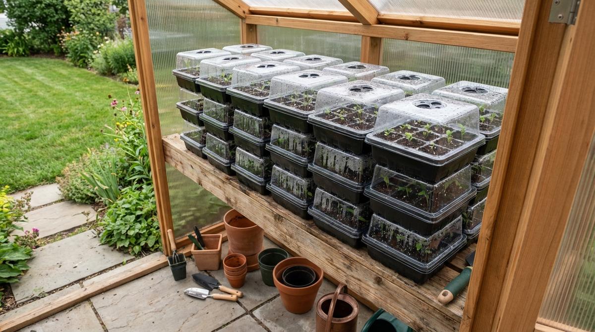 A high-capacity MIXC Ten-Pack Tray System with 120 cells, featuring 10 trays with 12 cells each, adjustable humidity dome vents for airflow management, and drainage holes to prevent waterlogging. Ideal for staggered planting schedules and variety trials in mini garden greenhouses.