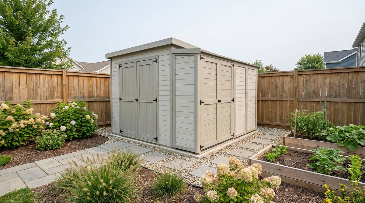 A modular expandable shed system with 500mm blocks, showing a 6x6 foot base and additional 2-foot modules for flexible storage expansion in a small garden setting.