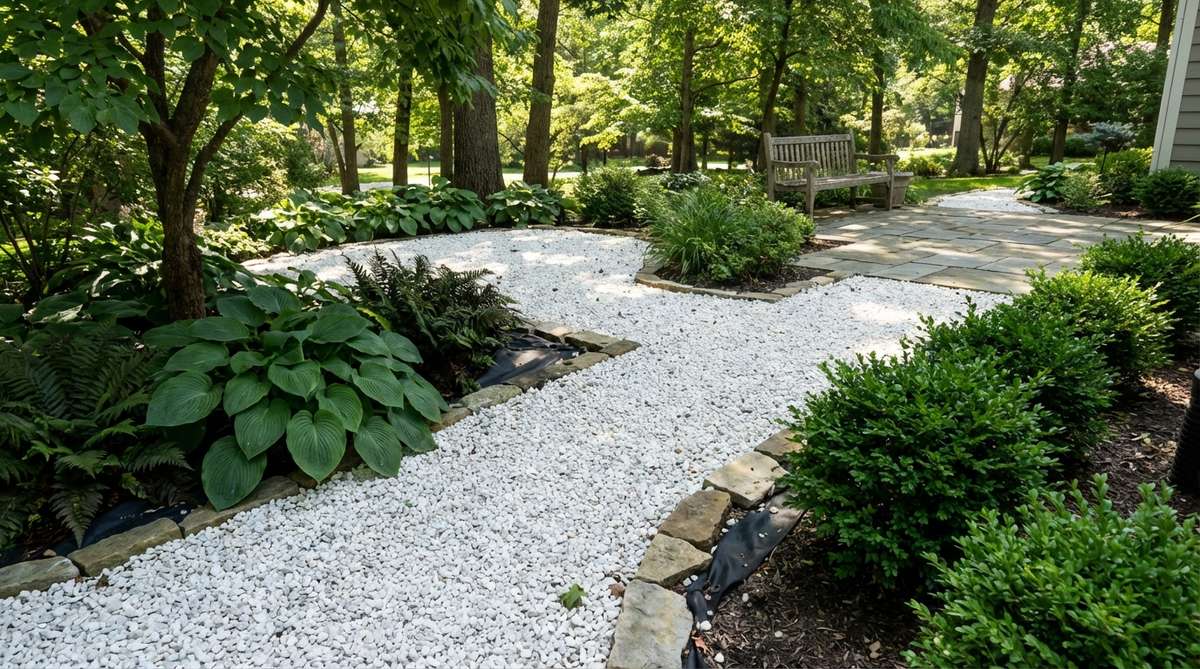 White limestone chippings used in a minimalist garden setting, brightening shaded areas and creating high contrast against dark foliage. The chippings reflect heat, making them ideal for cooler climates, and their alkaline nature benefits certain plants while deterring slugs. Landscape fabric is applied beneath to prevent weed growth.