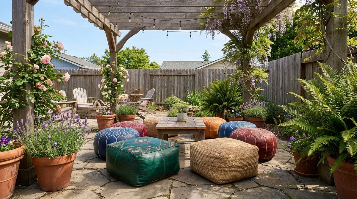 A collection of hand-stitched leather and woven fiber Moroccan poufs in rich jewel tones with geometric embroidery, arranged as versatile seating and footrests in a vintage boho garden setting.