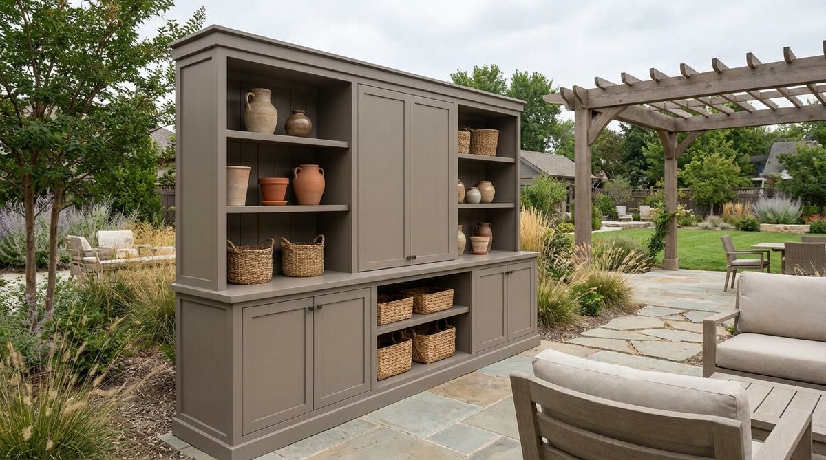 A sophisticated mushroom taupe cabinetry, a gray-brown hybrid, used for built-in shelving and storage in earthy boho decor. It adds depth and structural presence while showcasing ceramic vessels and woven baskets on open shelving units.