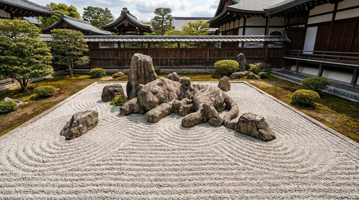 A detailed view of the Nanzenji Temple Tiger Glen Garden, a Japanese Zen garden featuring stones arranged to depict a tiger carrying cubs across a river, with raked sand patterns creating directional waves and scale variation for depth, illustrating narrative storytelling and contemplative symbolism in karesansui design.