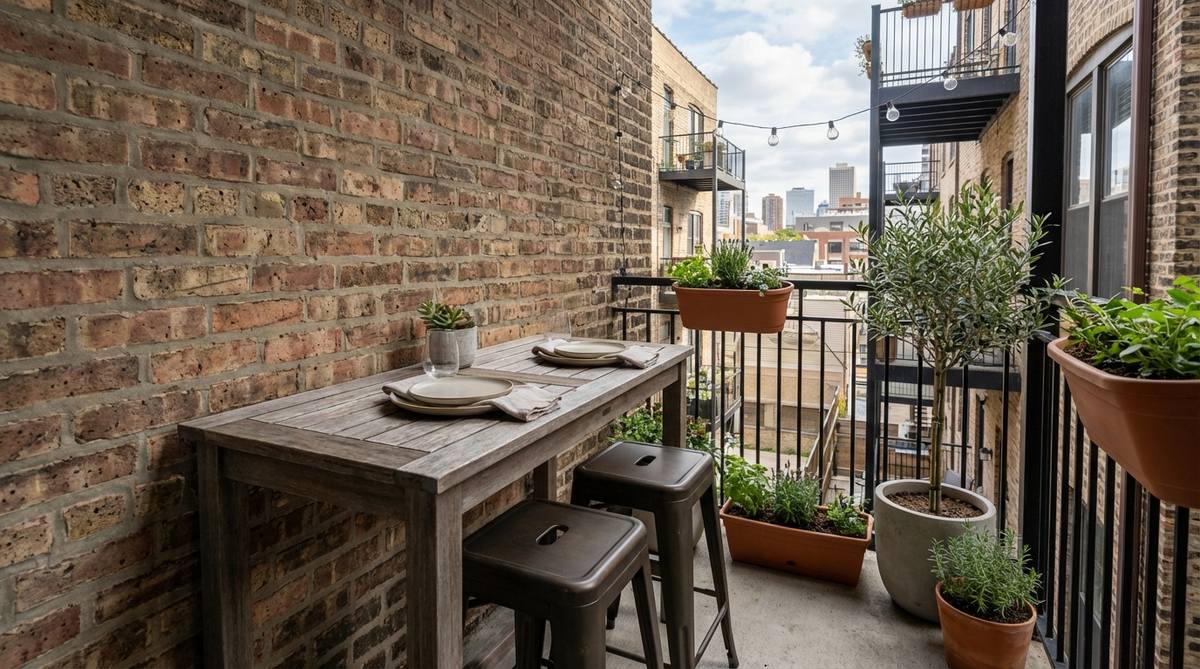A narrow rectangular dining table measuring 18 inches wide by 36 inches long, designed specifically for urban balconies. The table fits against balcony walls or railings to create efficient linear dining zones while accommodating two place settings. Shown with stackable metal stools that tuck completely underneath when not in use, this space-saving furniture solution is ideal for balconies longer than 6 feet where traditional round tables would waste valuable corner space.