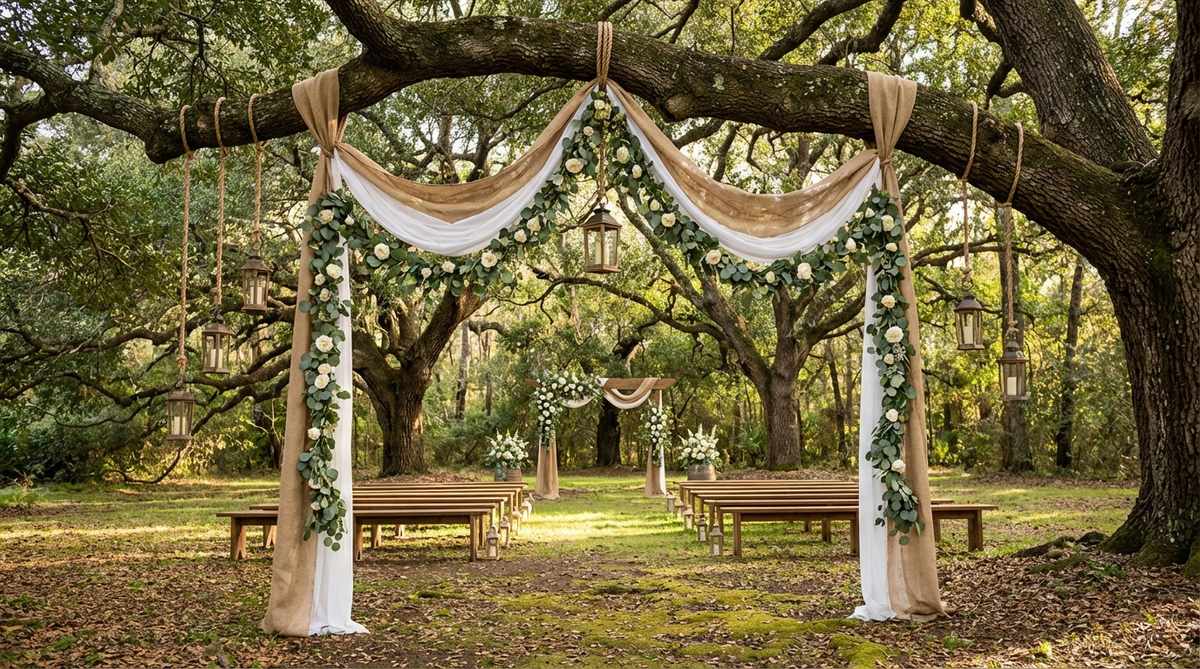 A wedding ceremony under a mature tree canopy with hanging floral arrangements, lanterns, and fabric panels suspended from sturdy branches using coated wire or natural fiber rope. The outdoor decor emphasizes natural landscape features in a forest or grove setting with cleared undergrowth.