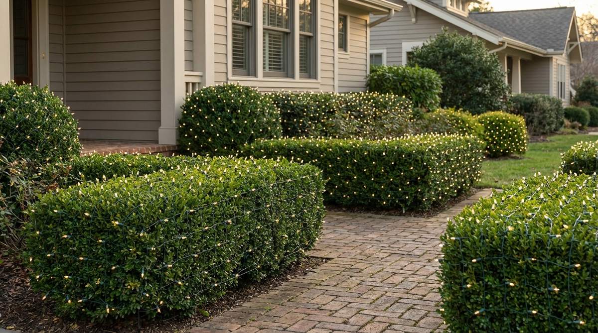 A garden design photo showing pre-connected net lights draped over boxwoods and foundation plantings, creating uniform illumination with consistent bulb spacing in a grid pattern. The green wire nets blend with foliage for daytime invisibility while providing even coverage for compact, formal hedges.