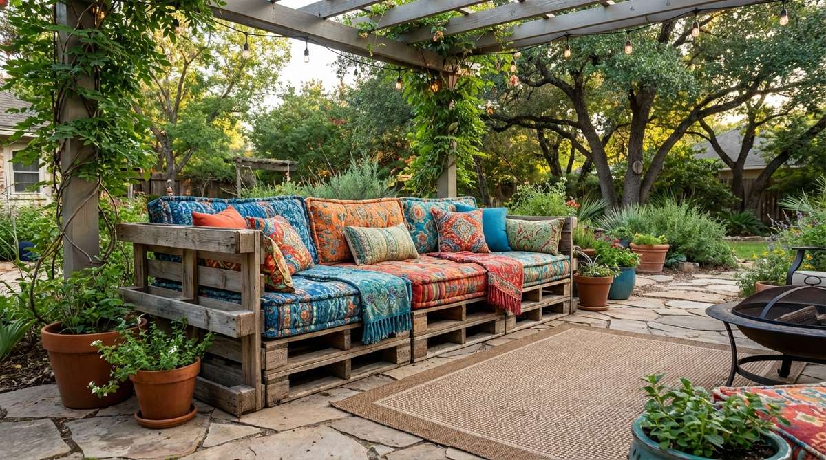 A rustic DIY pallet sofa with colorful cushions, perfect for a boho garden. Made from reclaimed wooden pallets stacked and secured, featuring thick foam mattresses covered in vibrant fabrics. This handcrafted outdoor seating embodies boho values of repurposing and sustainable design.