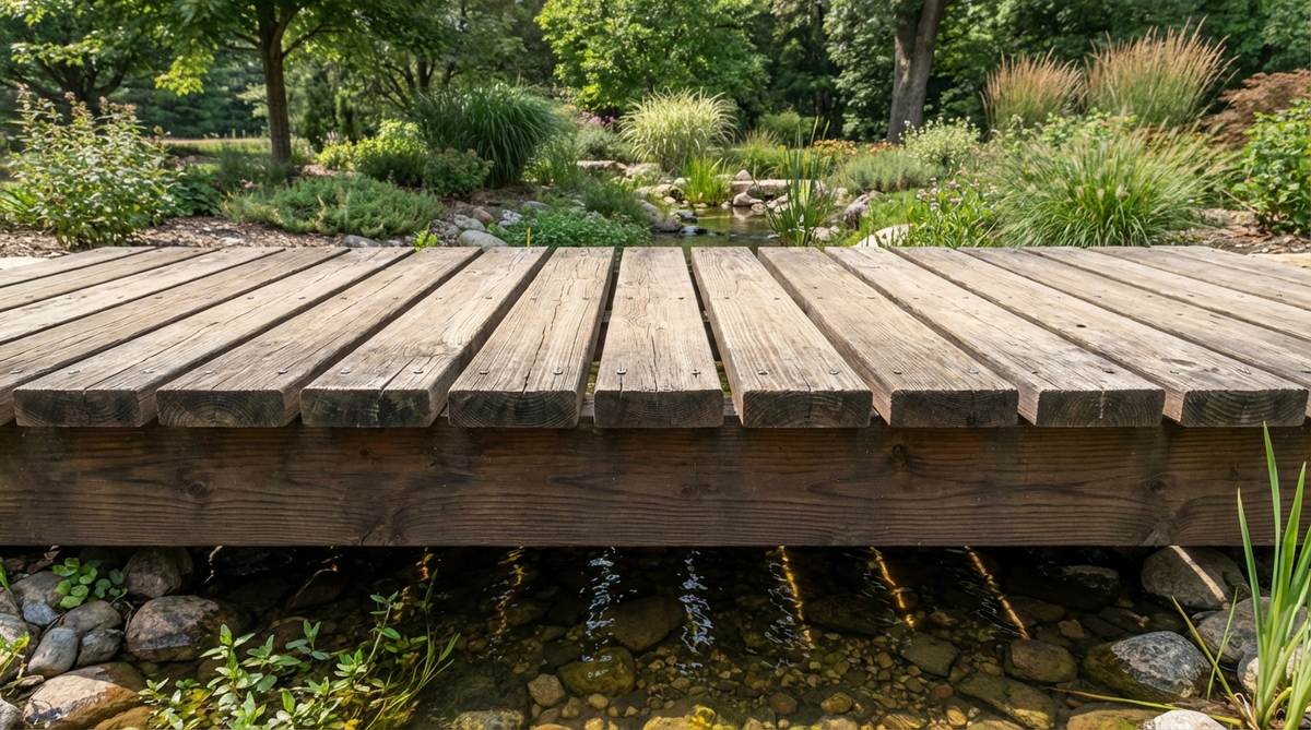 A close-up view of a mini garden bridge with a parallel plank deck style, featuring multiple 2x6 boards laid perpendicular to the direction of travel, creating a ribbed walking surface. The gaps between the planks allow light to filter through to the water below and help prevent moisture accumulation. The planks are securely mounted to two parallel 2x10 stringers using galvanized deck screws, showcasing a modular design that facilitates easy repairs and individual board replacement.
