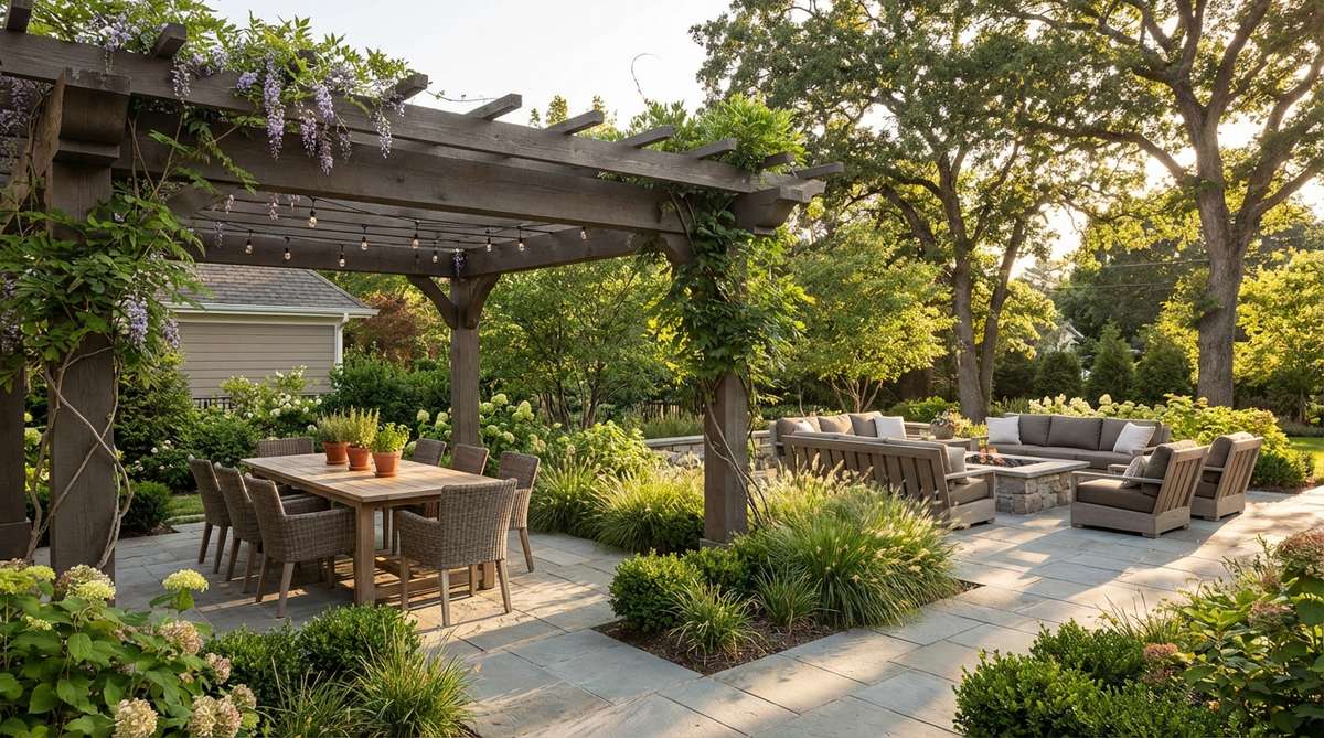 An outdoor patio design featuring a pergola structure exclusively covering the dining zone, creating a defined dining area with shade for meals, while the adjacent lounge space remains open to the sky with comfortable furniture positioned in sunlight or dappled shade.