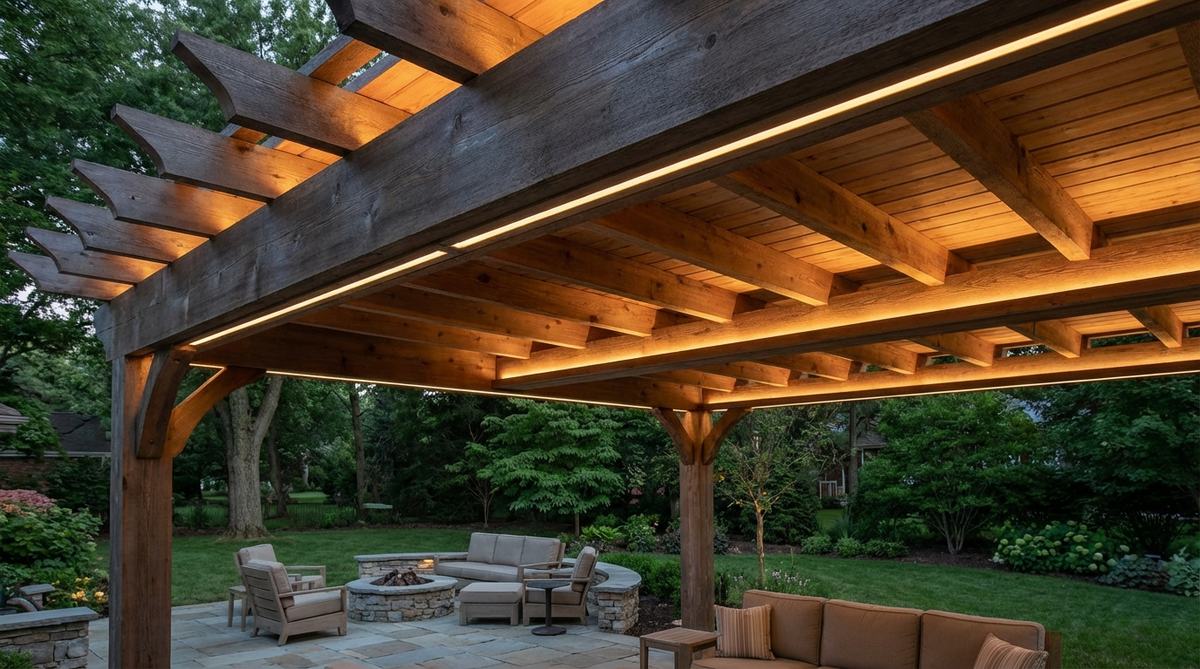 A close-up view of recessed LED strips installed within the beams of a wooden pergola, providing indirect, ambient lighting for an outdoor space. The strips are hidden in channels, casting a soft glow on the ceiling surfaces without direct glare, showcasing energy-efficient, dimmable, and potentially RGB color-changing options for functional and decorative outdoor use.
