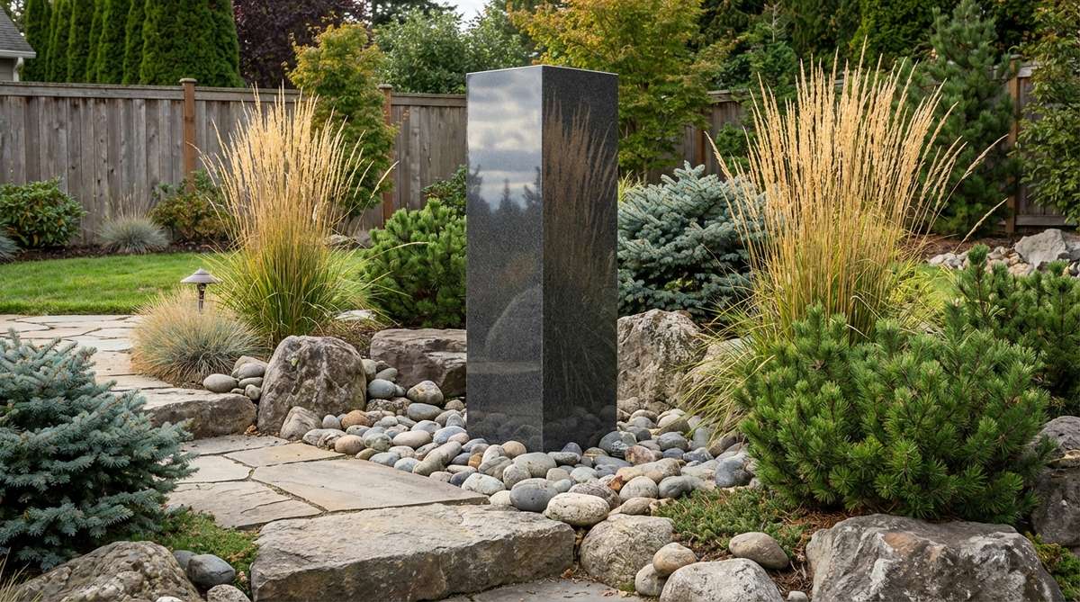 A vertical charcoal grey granite monolith with mirror-polished surfaces, reflecting the sky and surrounding vegetation, set in a stone garden with ornamental grasses and conifers for contrast.