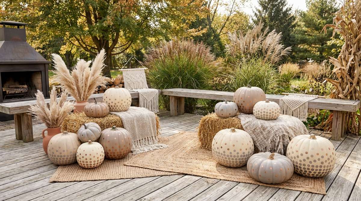 A boho Halloween decoration featuring pumpkins with perfectly circular dots in cream, taupe, or soft gray on neutral bases, using makeup sponges or stencils for consistency. Dot density varies from sparse at the top to denser at the bottom for visual weight, with optional metallic copper or gold dots for subtle glamour. Ideal for children's spaces or casual family gathering areas.