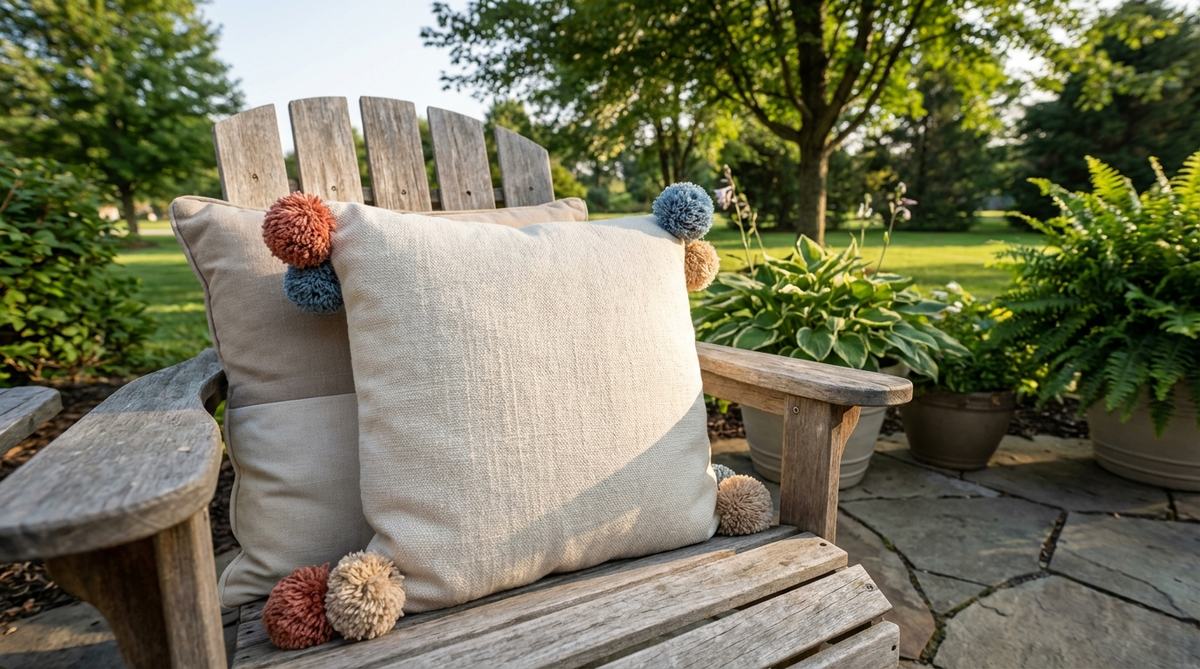 A decorative boho pillow with playful yarn pom-poms attached to each corner, adding whimsy and dimension. Features soft spherical accents that create movement and catch light beautifully, perfect for accent chairs or stacked arrangements. Maintains weather-resistant functionality with a handcrafted touch.