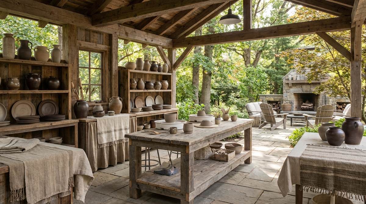 A pottery studio interior featuring earthy decor tones of raw clay, deep umber, and soft mushroom gray. The space showcases handcrafted ceramic pieces on wooden shelving, with textiles in raw clay tones adding warmth and authenticity to the artisan workspace.