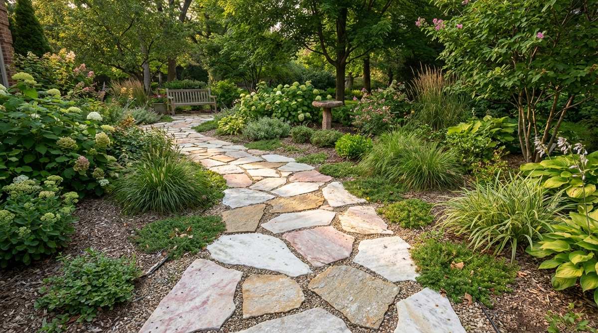 A garden pathway made of sparkling quartzite stones that catch sunlight, showing white, pink, and gold tones in a natural garden setting with stable footing and decorative infill.