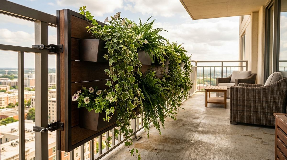 A vertical garden panel securely attached to a balcony railing, featuring integrated planters with trailing plants that spill downward, creating a green curtain effect. The installation uses adjustable clamps for easy mounting without permanent alterations, ideal for high-rise balconies with wind exposure.