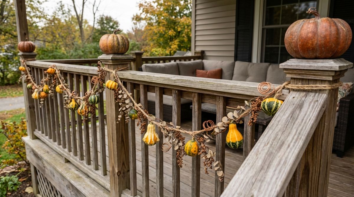A close-up photo showing handmade fall garland draped along a porch railing. The garland is constructed from natural hemp rope, small decorative gourds, and seeded eucalyptus leaves, secured with decorative wire. Larger pumpkins are positioned at post caps to anchor the design, creating a dynamic combination of horizontal garland movement with vertical pumpkin placement for visual interest across the porch perimeter.