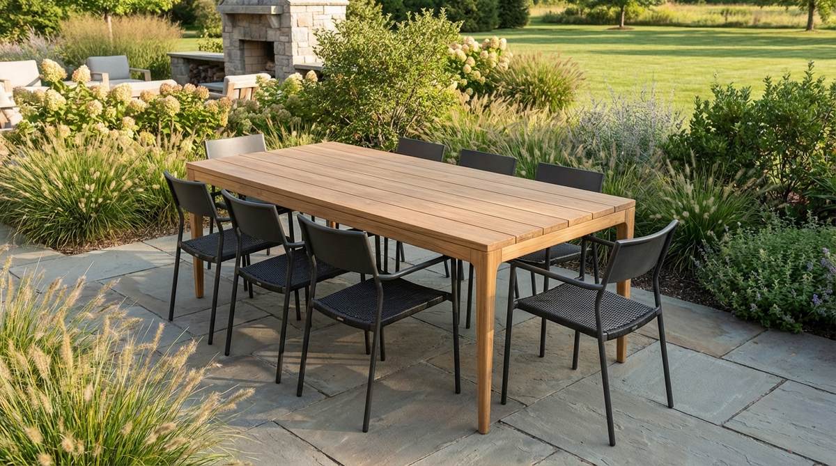 A minimalist rectangular teak dining table with slim tapered legs and solid teak planks, designed for outdoor dining with six to eight seats. The table features understated joinery and natural wood grain that ages gracefully, contrasting beautifully with modern metal chairs. Ideal for patios due to its narrow profile and teak's moisture-resistant, low-maintenance properties.