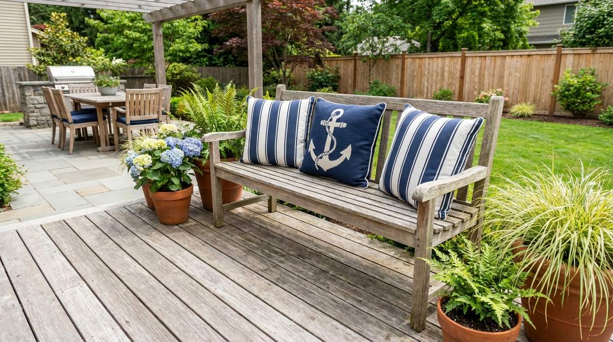 A versatile backless recycled teak bench placed along a deck perimeter, topped with nautical-themed cushions featuring anchor motifs or navy stripes. The bench functions as both seating and architectural element, ideal for small patios and outdoor dining areas.