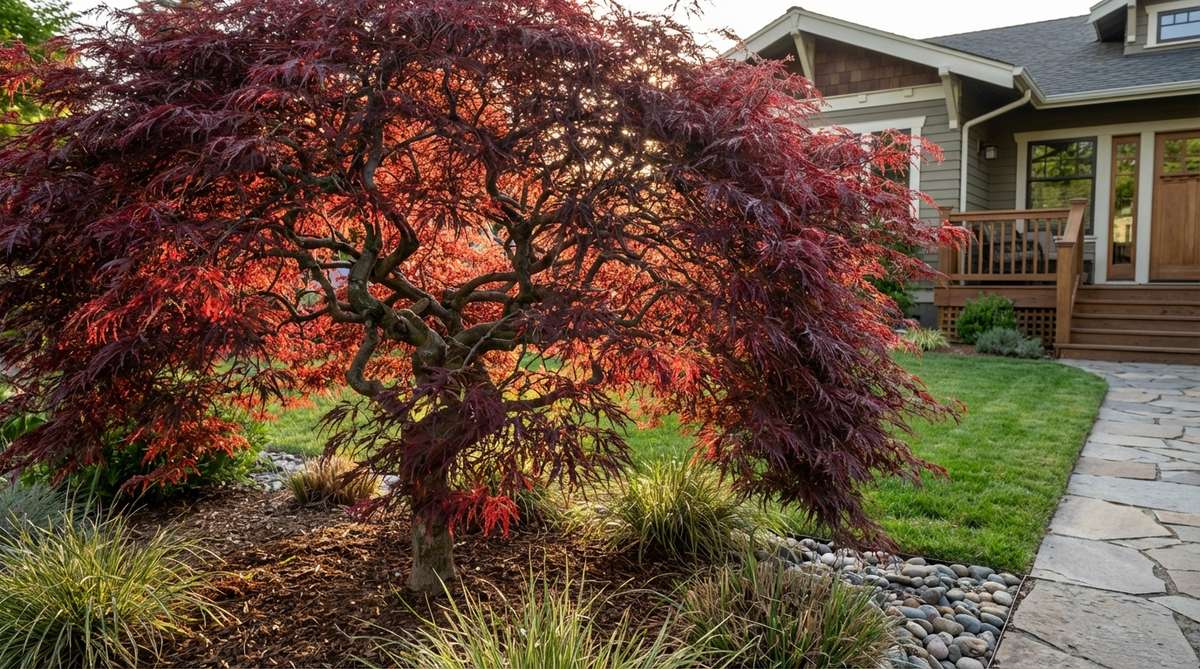 A compact weeping Red Dragon Japanese maple tree with deeply cut burgundy foliage creating a lacy, translucent effect when backlit by sunlight. The dissectum variety shows excellent color retention in heat and humidity, with dense branching suitable for selective thinning.
