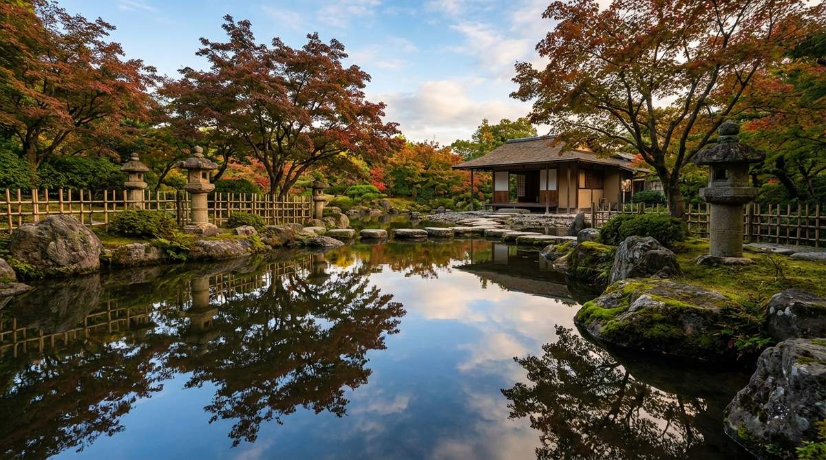 A serene Japanese garden reflecting pool with a perfectly still, mirror-like surface that doubles the visual impact by reflecting sky, clouds, maple trees, and traditional structures like bamboo and stone lanterns. The calm water expands the perceived garden size while creating seamless compositions that blend natural and constructed elements.