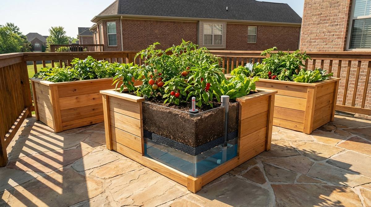 A diagram showing reservoir-bottom planter boxes with water chambers at the base, porous barriers for moisture wicking, and fill ports with level indicators. Ideal for balcony gardens with thirsty crops like tomatoes, peppers, and leafy greens, reducing watering frequency to every 3-4 days.