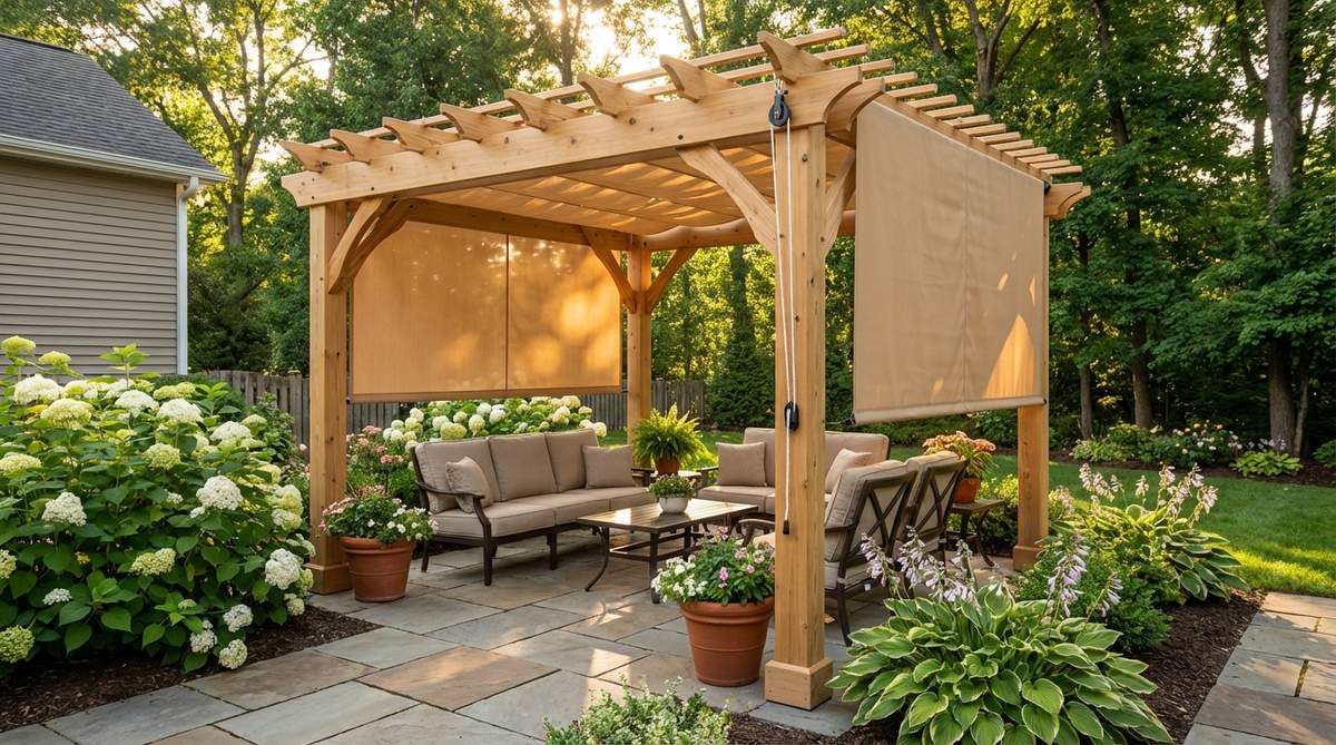 A retractable canopy system installed on a small garden pergola, featuring weather-resistant fabric in a complementary outdoor color, mounted between beams with a manual pulley mechanism for adjustable shade control.