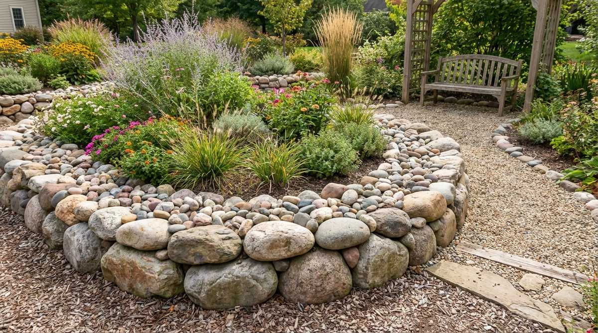 Smooth, rounded river rocks arranged as decorative borders for raised garden beds, showcasing their organic flow in informal garden designs and cottage-style landscapes. The image highlights how these natural stones create softer visual edges compared to angular cut stone, with large rocks forming structural borders and smaller sizes serving as decorative top layers. The composition demonstrates how river rock borders pair beautifully with gravel mulch and pebble pathways, creating visual continuity throughout the landscape.