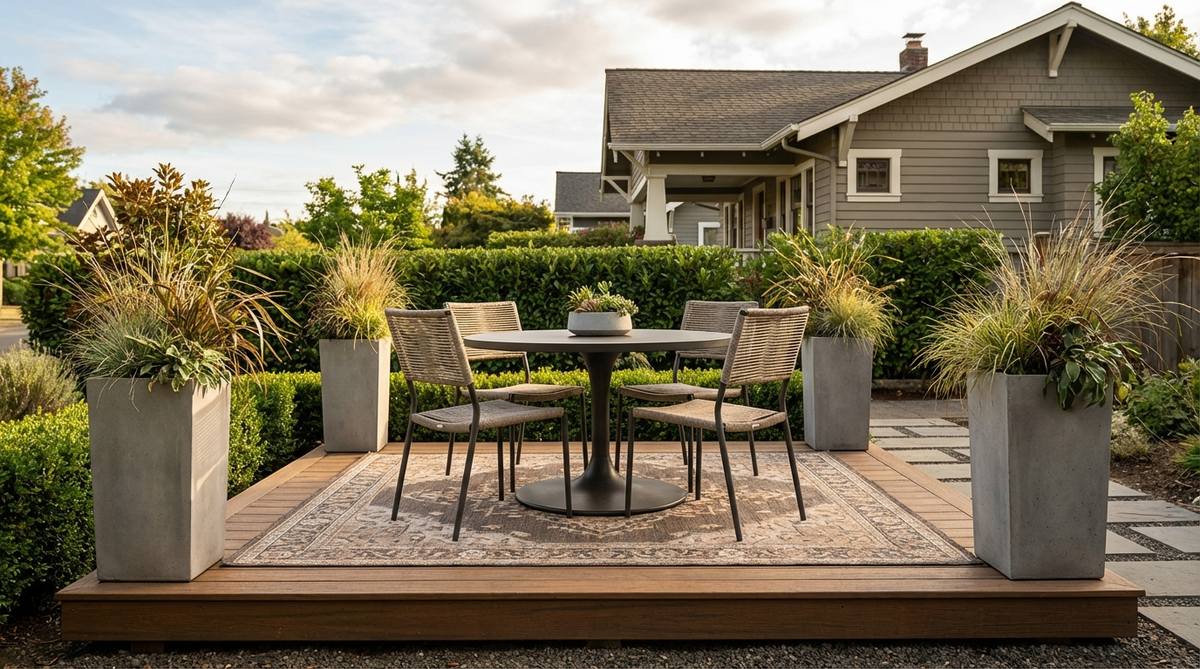 A contemporary outdoor dining setup featuring a round pedestal table centered on a small deck, surrounded by four slim chairs. The symmetrical arrangement creates a calm focal point, enhanced by a simple outdoor rug and tall planters. This design promotes conversation with equal seating and safe movement in tight spaces.