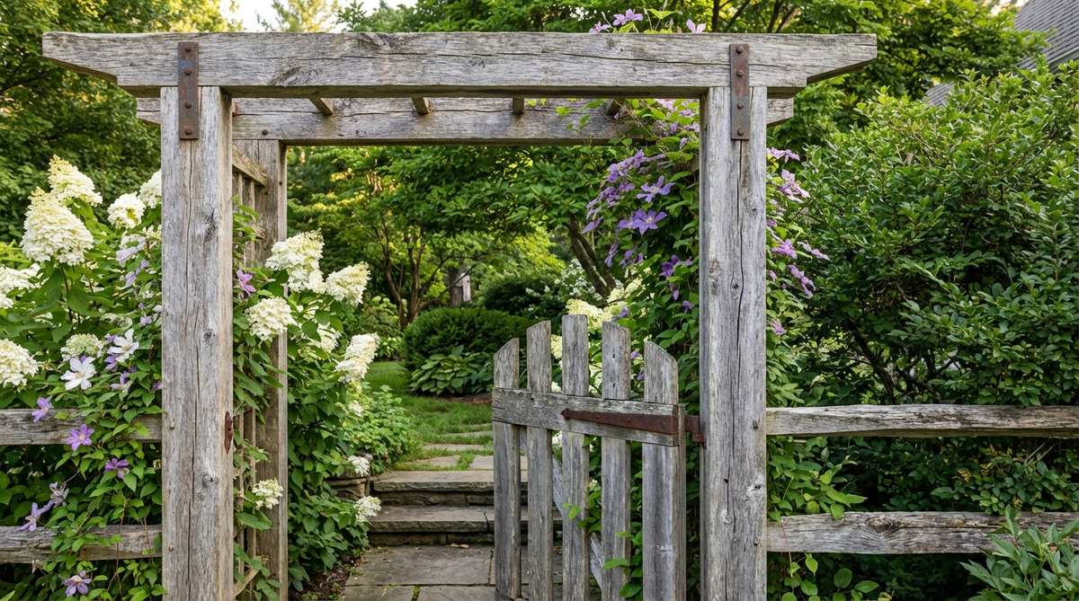 A hand-crafted rustic wooden arbor gate marking a garden entrance with natural wood elements, featuring simple construction techniques that highlight wood character. The gate uses mortise-and-tenon joints or decorative metal brackets for authentic period details, with unsealed wood weathering into silvery gray tones. It partially obscures views to create mystery, with climbing hydrangeas or clematis on flanking posts adding seasonal interest.