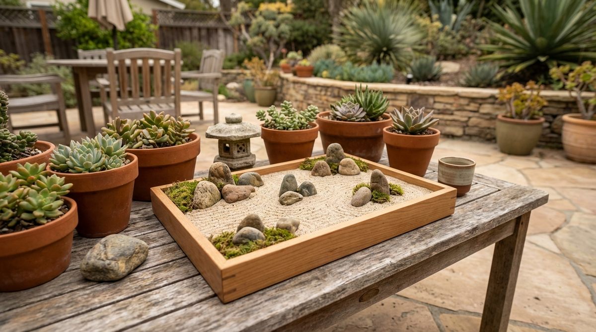 A miniature zen garden tray with fifteen naturally weathered stones arranged in the Ryoanji temple style, where only fourteen stones are visible from any angle. This 14x9-inch desktop garden kit allows for authentic spatial relationships and exploration of asymmetrical balance principles, perfect for philosophy students and designers developing spatial reasoning skills.