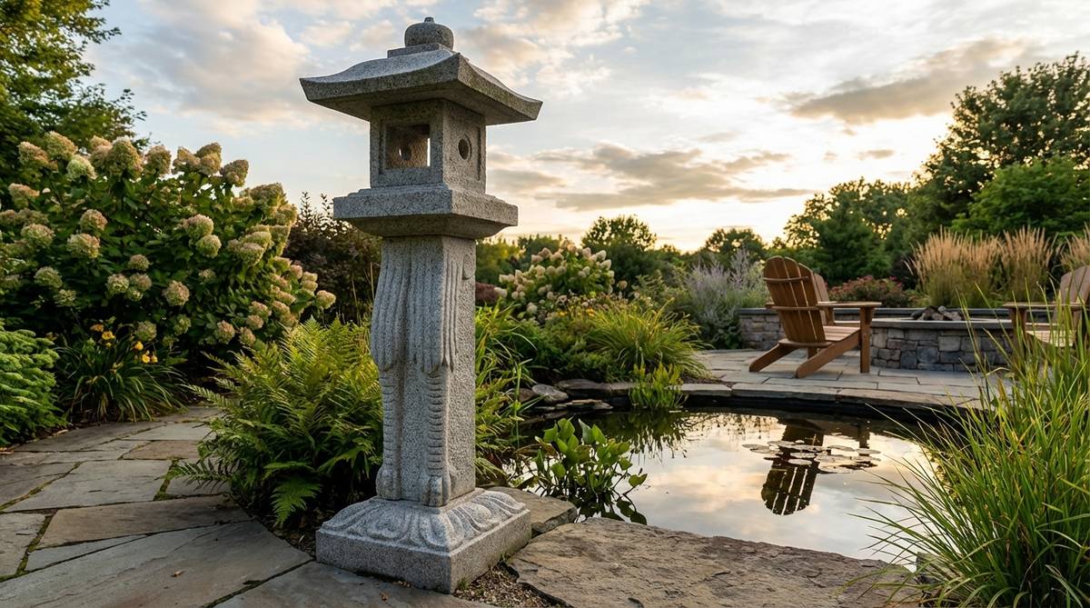 A stone garden lantern of the Sagi Heron Leg Variation, featuring pronounced leg-like fluting on the post section for a strong vertical rhythm. The fire box is positioned higher relative to the overall height, emphasizing upward reach. Ideal for placement near water or glass to enhance reflections and create striking silhouettes against evening skies.