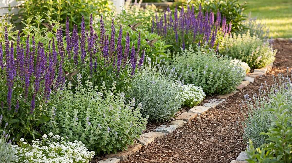 A close-up photograph showing salvia plants with upright purple flower spires creating vertical accents in a small cottage garden. The salvias contrast with surrounding mounding plants, attracting hummingbirds with their vibrant blooms. The image illustrates proper spacing and maintenance for continuous flowering through fall.