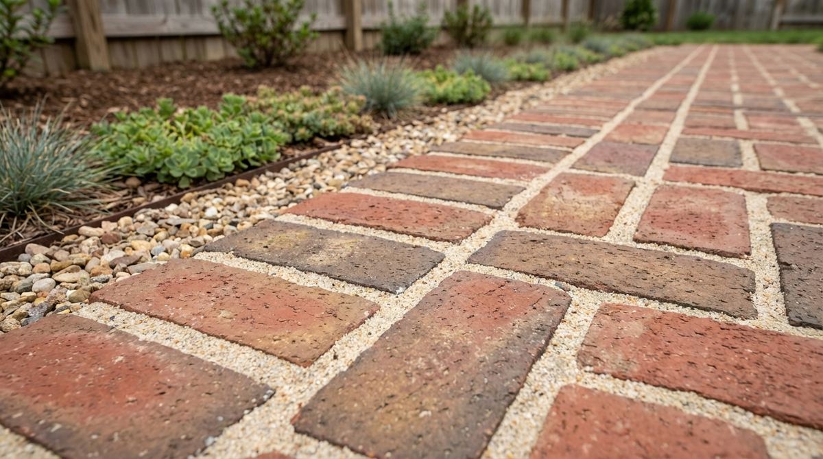 A close-up view of a garden pathway border featuring bricks set with coarse sand in the joints, demonstrating effective drainage and erosion prevention techniques in garden design.