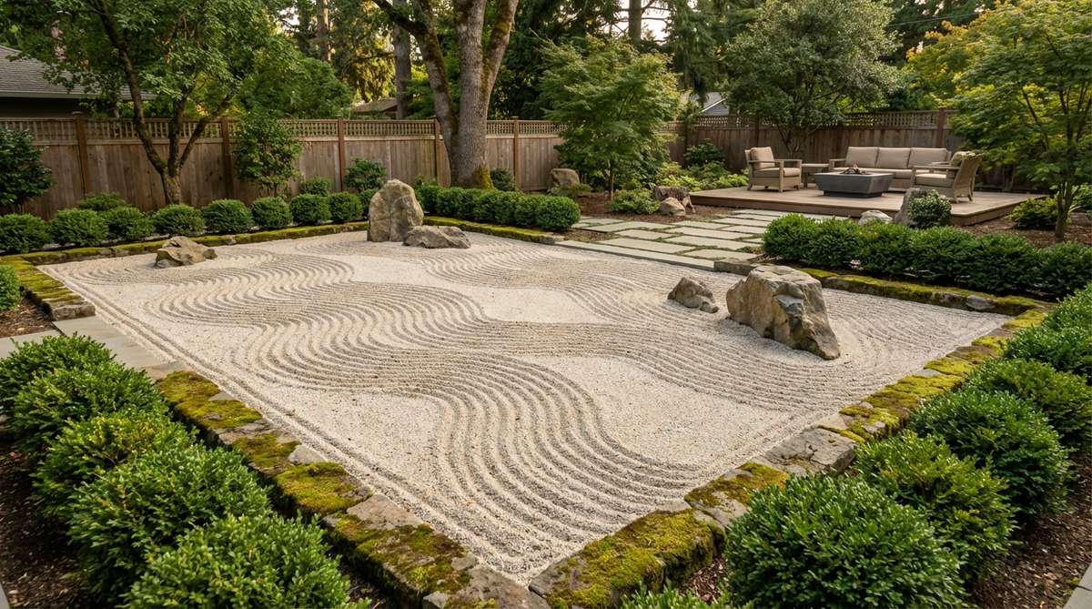 A Japanese garden featuring fine sand raked into undulating waves, evoking flowing water or wind-sculpted dunes, with decomposed granite or crushed quartz for durability and color consistency in a geometric space.