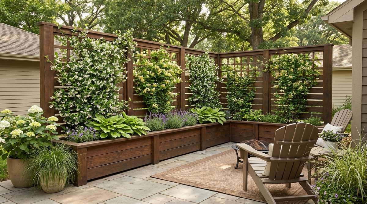 An integrated screen planter unit in a small garden courtyard, combining a privacy screen with planting space for fragrant climbers like jasmine or honeysuckle, anchored with a built-in trellis to guide vertical growth.