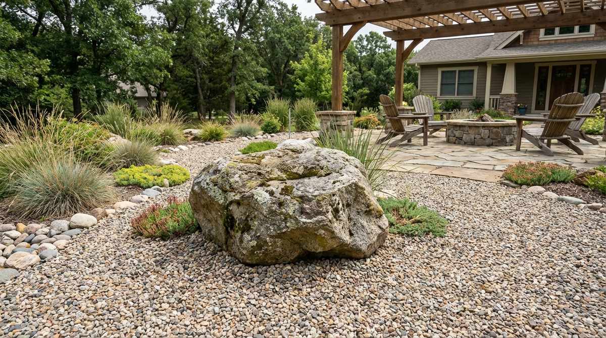 A large sculptural boulder weighing 500-1000 pounds strategically placed in a gravel garden, serving as a permanent focal point with interesting shapes and textures contrasting against the surrounding gravel.