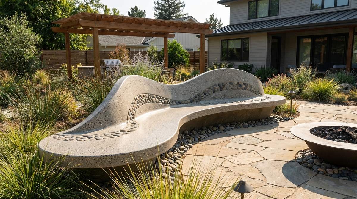 A fluid concrete bench with undulating wave-like forms, polished aggregate finish, and embedded stones, serving as both seating and outdoor art in a modern garden setting.