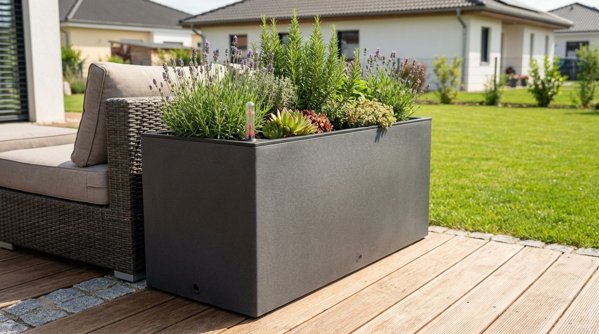 A modern self-watering container system with double-walled design and built-in reservoir, showing water level indicator and overflow holes, ideal for low-maintenance terrace gardening during hot weather or when homeowners are away.
