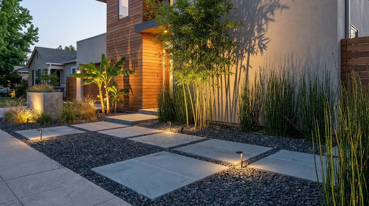 A modern front yard garden featuring stepping stones set over dark charcoal gravel with strategic ground lighting that casts architectural shadows. Vertical elements like bamboo, banana plants, or horsetail reeds amplify the shadow play. The design transforms throughout the day as natural light shifts, creating dynamic visual interest from a simple material palette. LED fixtures recessed between stones provide safety and drama, suitable for contemporary homes with strong geometric facades.