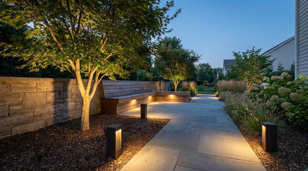 Modern garden uplight fixtures with internal baffles and recessed lenses that eliminate glare. These shielded lights are designed for installation near walkways and seating areas, directing illumination upward toward architectural features while preventing visual discomfort. Perfect for multi-use garden spaces where people gather near illuminated elements.