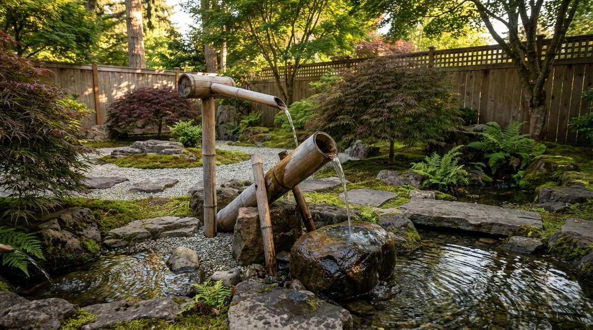 A traditional Japanese shishi-odoshi deer scarer bamboo fountain in a Zen garden setting. The pivoting bamboo tube is shown mid-cycle, with water flowing into the chamber before it tips forward to create the distinctive clacking sound against a stone. The mechanism demonstrates the careful calibration of water flow and pivot tension required for rhythmic operation, contrasting the sharp percussive sound with the gentle trickling of surrounding water features.