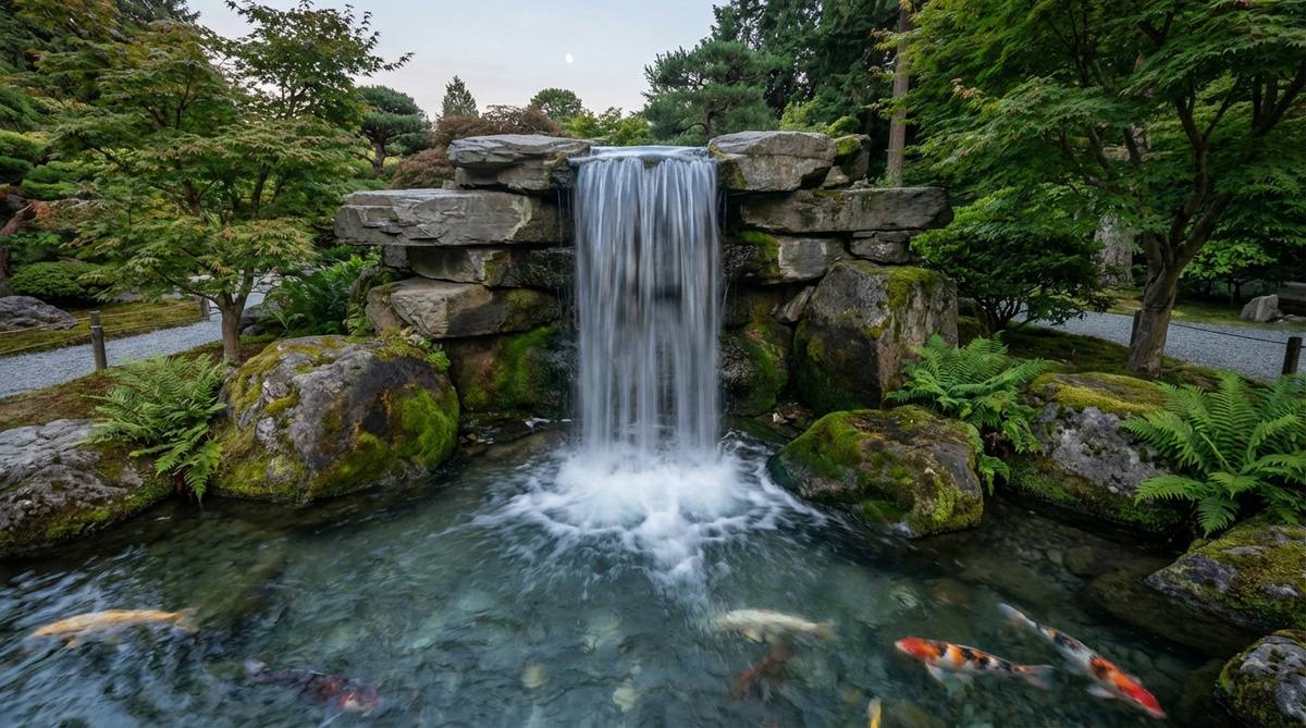 A dramatic vertical waterfall in a Japanese garden pond, featuring a single drop of water plunging 3-5 feet into the main basin. Large flat stones direct the flow over a single edge point, creating substantial aeration and a powerful sound. The waterfall is positioned to reflect moonlight at night, following traditional design principles, with a splash zone that prevents algae growth on surrounding rocks. Hidden filtration media behind the stones provides biological filtration, maintaining exceptional water clarity for koi viewing.