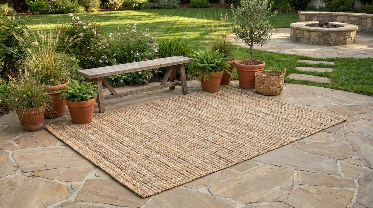A sisal area rug in neutral earth tones, perfect for grounding spaces in afro boho decor, with natural fiber texture that withstands outdoor traffic and provides visual weight.