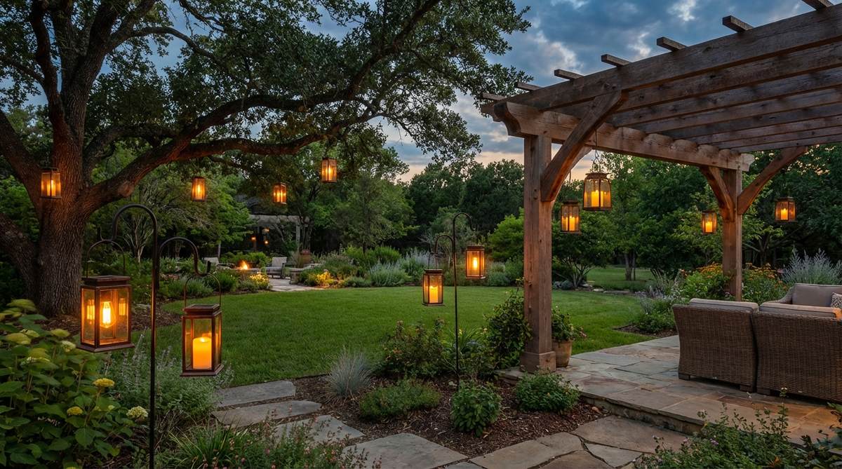 Decorative solar lanterns hanging from shepherd hooks, tree branches, or pergola beams to create suspended light sources with Edison-style bulbs or candle-flicker LEDs, adding vintage charm to contemporary gardens.
