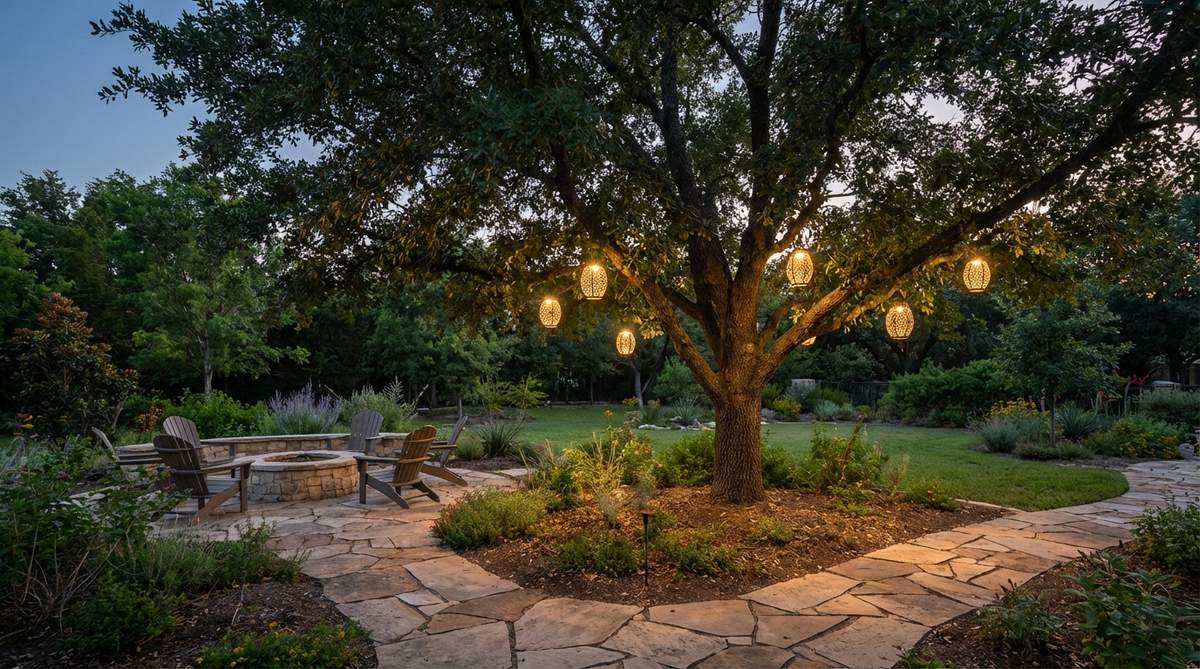 A solar-powered lighted ornament for outdoor trees, featuring soft ambient LED glow that highlights ornament shapes without harsh lighting, ideal for dusk-to-dawn illumination without extension cords.