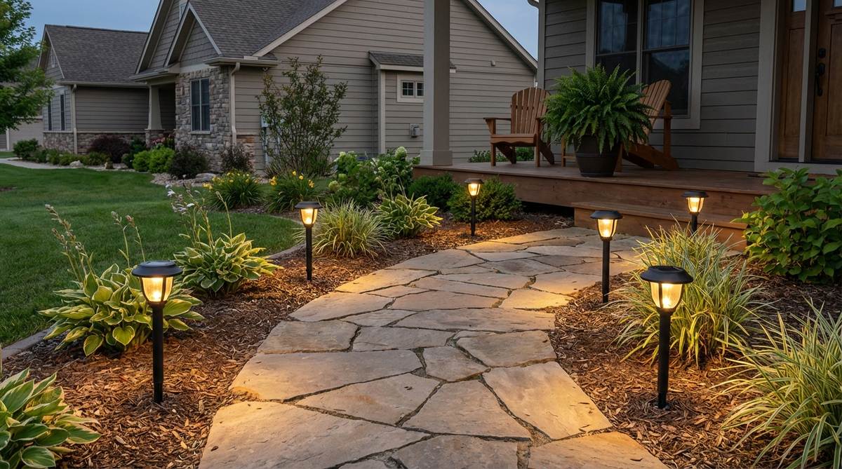 Ground-stake solar lights lining a pathway to a porch, charging during daylight and automatically illuminating at dusk with no wiring required, featuring built-in sensors and replaceable batteries for extended lifespan.